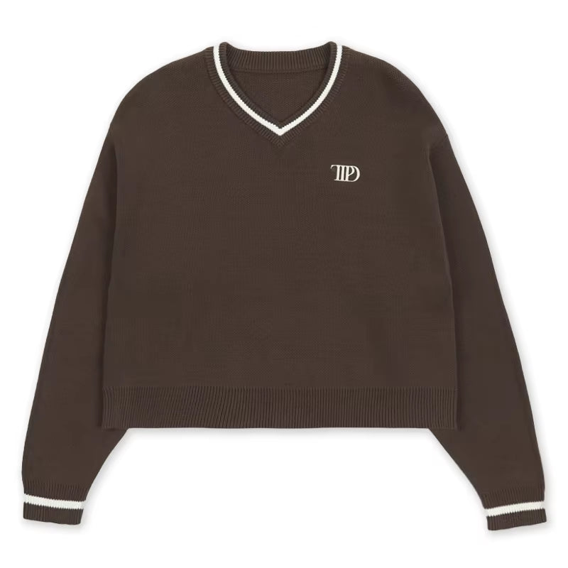 Taylor's TTPD Knit Sweater - Women's Loose Cropped Pullover with Contrast V-Neck for Autumn/Winter