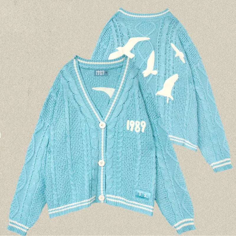 Elegant Blue 1989 Women's Cardigan with Bird Embroidery and V-Neck Design - Vintage Slouchy Knit Sweater