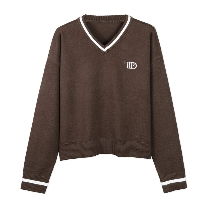 Taylor's TTPD Knit Sweater - Women's Loose Cropped Pullover with Contrast V-Neck for Autumn/Winter