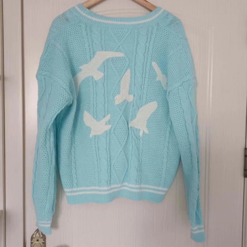 Elegant Blue 1989 Women's Cardigan with Bird Embroidery and V-Neck Design - Vintage Slouchy Knit Sweater